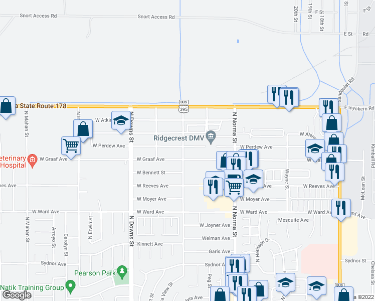 map of restaurants, bars, coffee shops, grocery stores, and more near 633 West Perdew Avenue in Ridgecrest