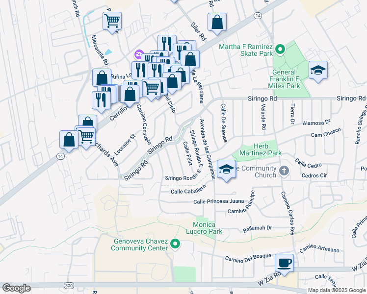 map of restaurants, bars, coffee shops, grocery stores, and more near 3016 Siringo Road in Santa Fe