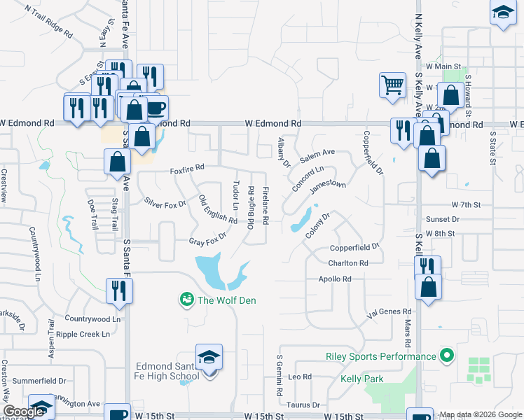 map of restaurants, bars, coffee shops, grocery stores, and more near 608 Old Bugle Road in Edmond