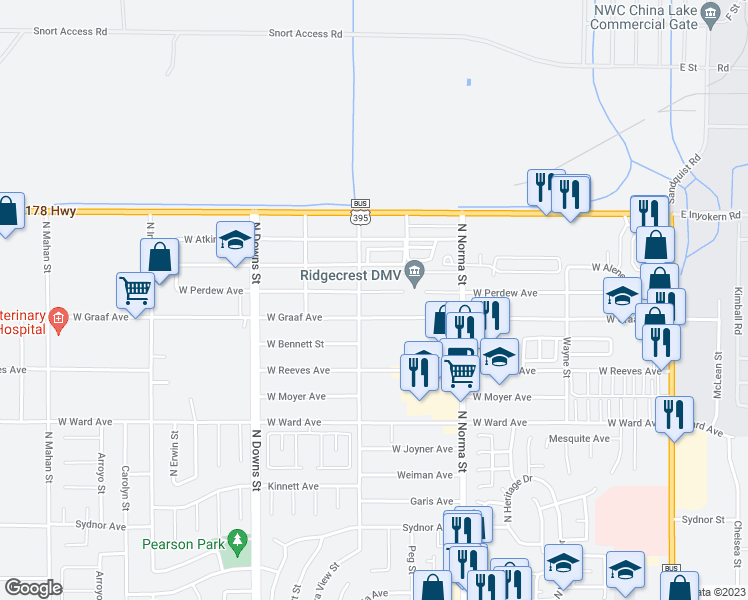map of restaurants, bars, coffee shops, grocery stores, and more near 629 West Perdew Avenue in Ridgecrest
