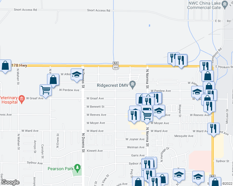 map of restaurants, bars, coffee shops, grocery stores, and more near 637 West Perdew Avenue in Ridgecrest