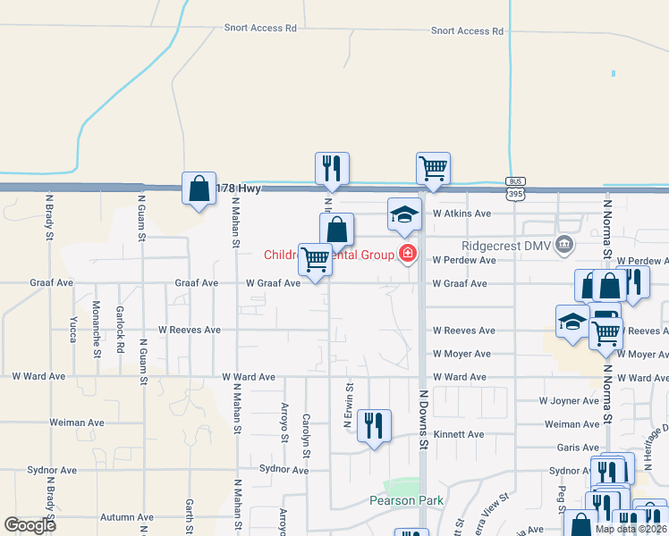 map of restaurants, bars, coffee shops, grocery stores, and more near 1514 North Inyo Street in Ridgecrest