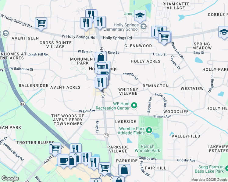 map of restaurants, bars, coffee shops, grocery stores, and more near 201 Grigsby Avenue in Holly Springs