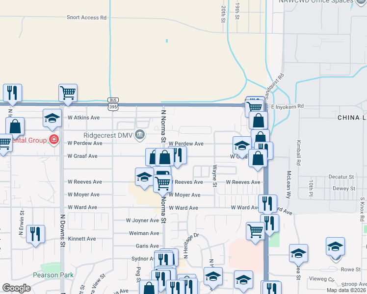 map of restaurants, bars, coffee shops, grocery stores, and more near 336 West Perdew Avenue in Ridgecrest
