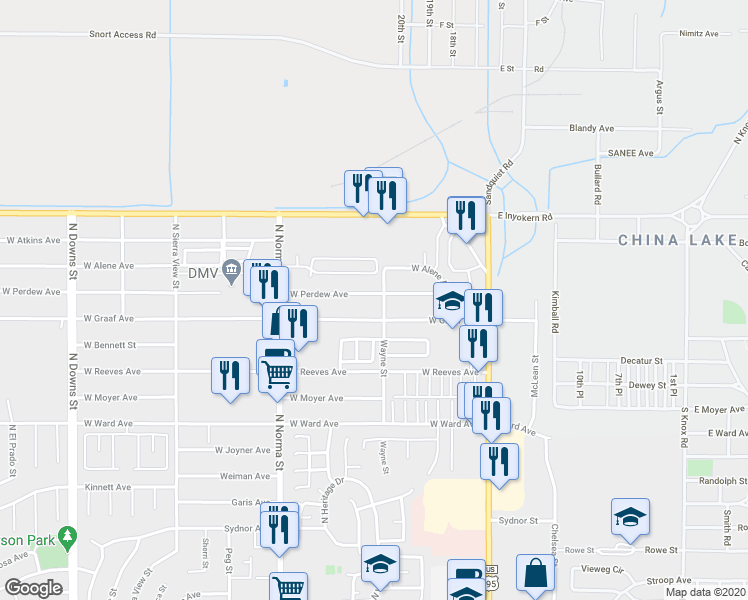 map of restaurants, bars, coffee shops, grocery stores, and more near 305 West Perdew Avenue in Ridgecrest