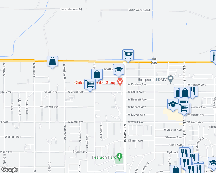 map of restaurants, bars, coffee shops, grocery stores, and more near 1001 West Perdew Avenue in Ridgecrest