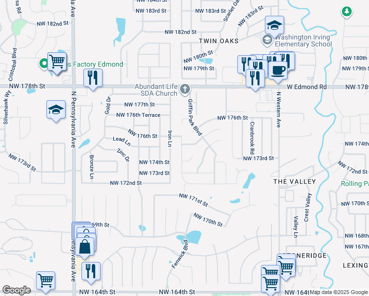 map of restaurants, bars, coffee shops, grocery stores, and more near 1548 Northwest 175th Court in Edmond