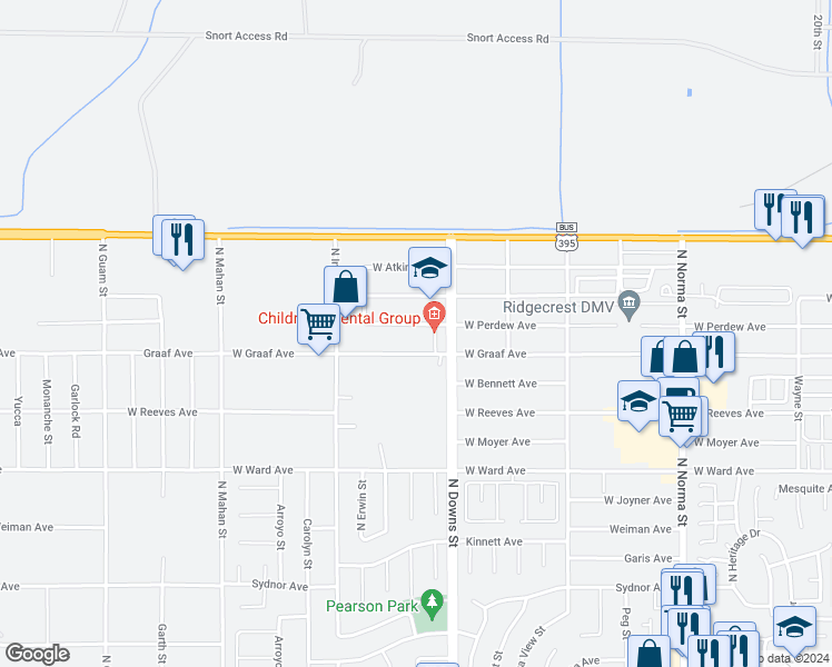 map of restaurants, bars, coffee shops, grocery stores, and more near 925 West Perdew Avenue in Ridgecrest