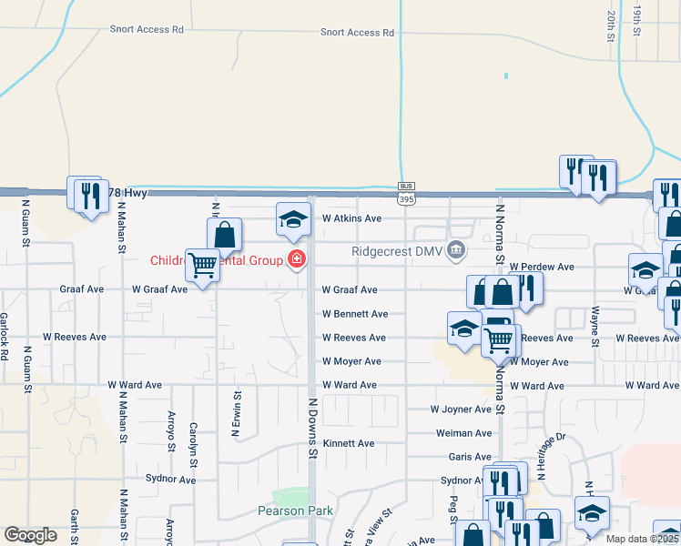 map of restaurants, bars, coffee shops, grocery stores, and more near 817 West Perdew Avenue in Ridgecrest