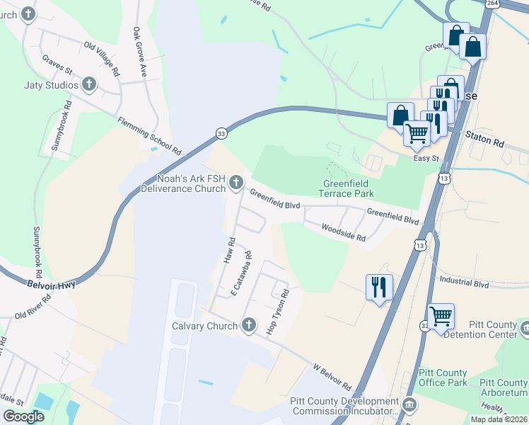 map of restaurants, bars, coffee shops, grocery stores, and more near 107 Trent Circle in Greenville