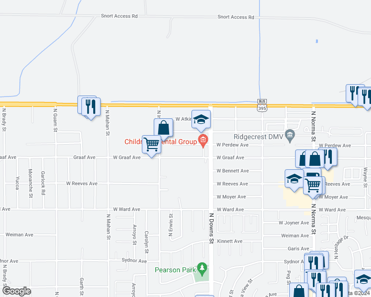 map of restaurants, bars, coffee shops, grocery stores, and more near 941 West Perdew Avenue in Ridgecrest