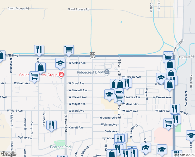map of restaurants, bars, coffee shops, grocery stores, and more near 625 West Perdew Avenue in Ridgecrest