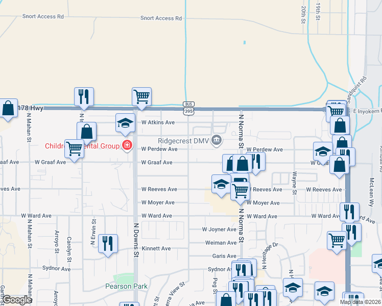 map of restaurants, bars, coffee shops, grocery stores, and more near 625 West Perdew Avenue in Ridgecrest