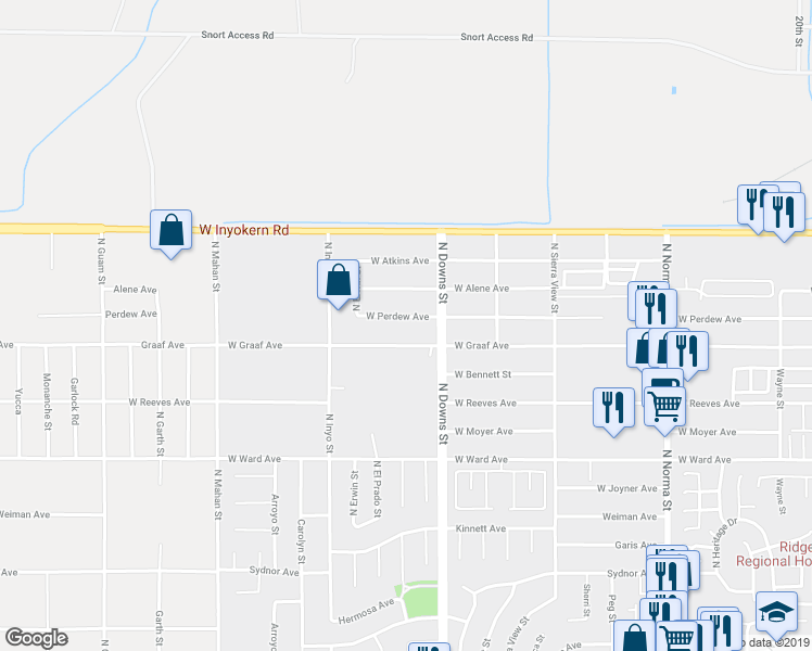 map of restaurants, bars, coffee shops, grocery stores, and more near 917 West Perdew Avenue in Ridgecrest