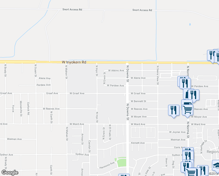 map of restaurants, bars, coffee shops, grocery stores, and more near 1000 West Perdew Avenue in Ridgecrest