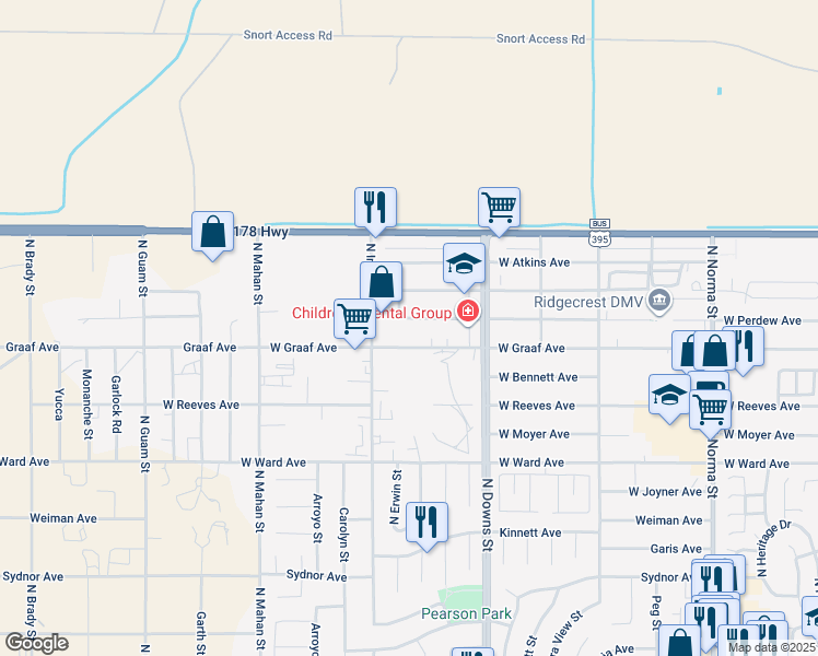 map of restaurants, bars, coffee shops, grocery stores, and more near 1000 West Perdew Avenue in Ridgecrest