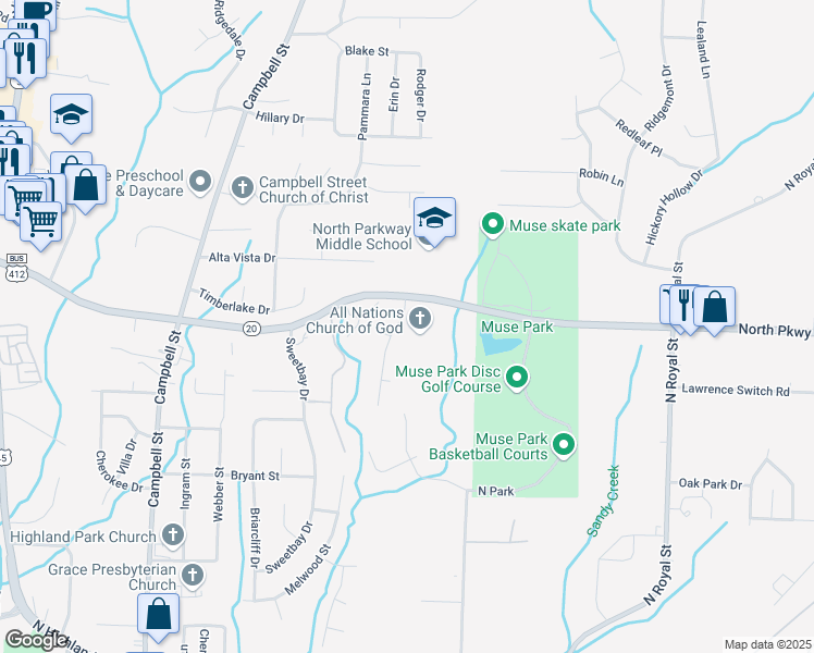 map of restaurants, bars, coffee shops, grocery stores, and more near 1330 North Parkway in Jackson