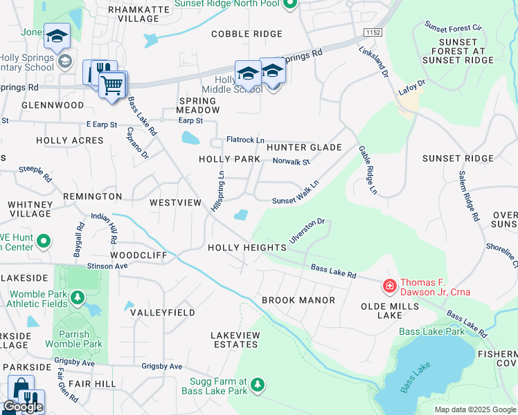 map of restaurants, bars, coffee shops, grocery stores, and more near 5225 Sunset Walk Lane in Holly Springs