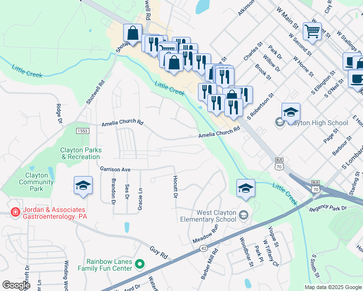 map of restaurants, bars, coffee shops, grocery stores, and more near Brick Kiln Loop in Clayton