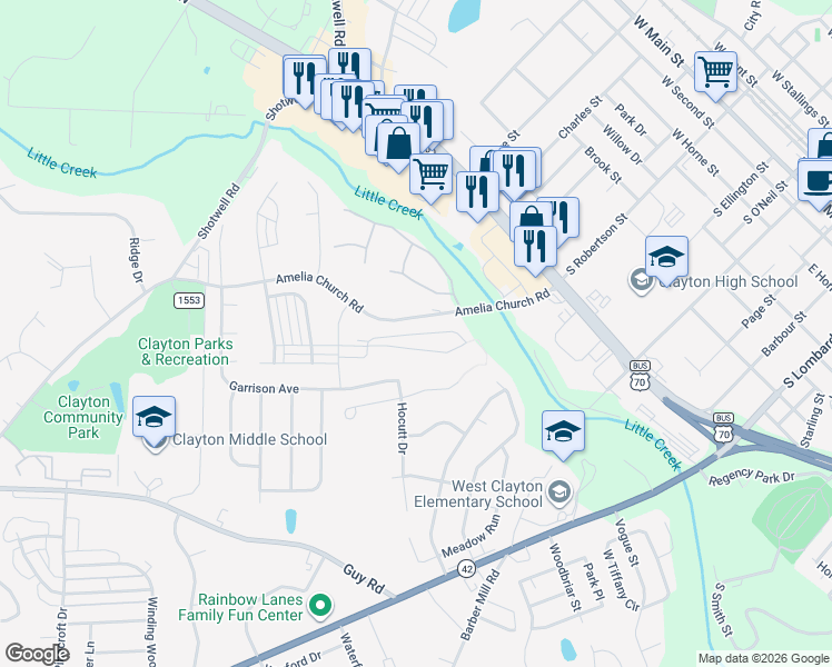 map of restaurants, bars, coffee shops, grocery stores, and more near Brick Kiln Loop in Clayton