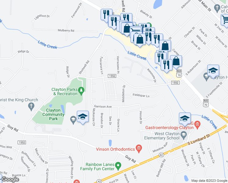 map of restaurants, bars, coffee shops, grocery stores, and more near 184 Honeybee Trace in Clayton