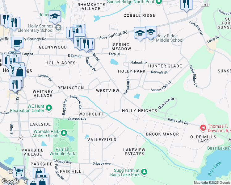 map of restaurants, bars, coffee shops, grocery stores, and more near 164 Lacombe Court in Holly Springs