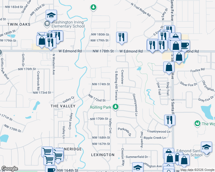 map of restaurants, bars, coffee shops, grocery stores, and more near 513 Northwest 174th Street in Edmond