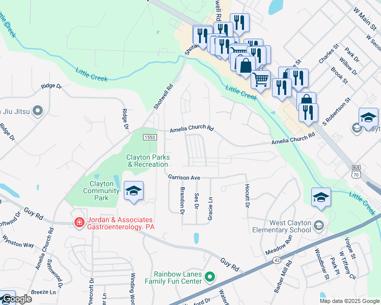 map of restaurants, bars, coffee shops, grocery stores, and more near 141 Shad Boat Lane in Clayton