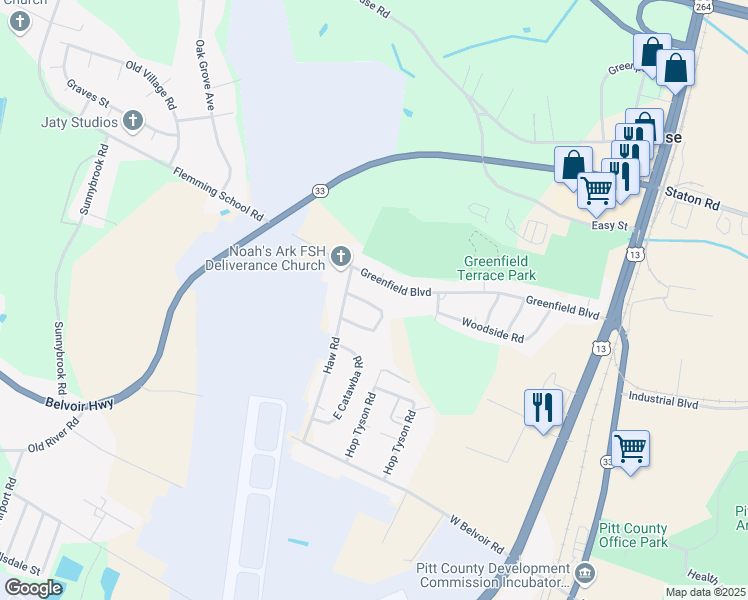 map of restaurants, bars, coffee shops, grocery stores, and more near 107 Trent Circle in Greenville
