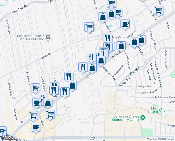 map of restaurants, bars, coffee shops, grocery stores, and more near 3357 Cerrillos Road in Santa Fe