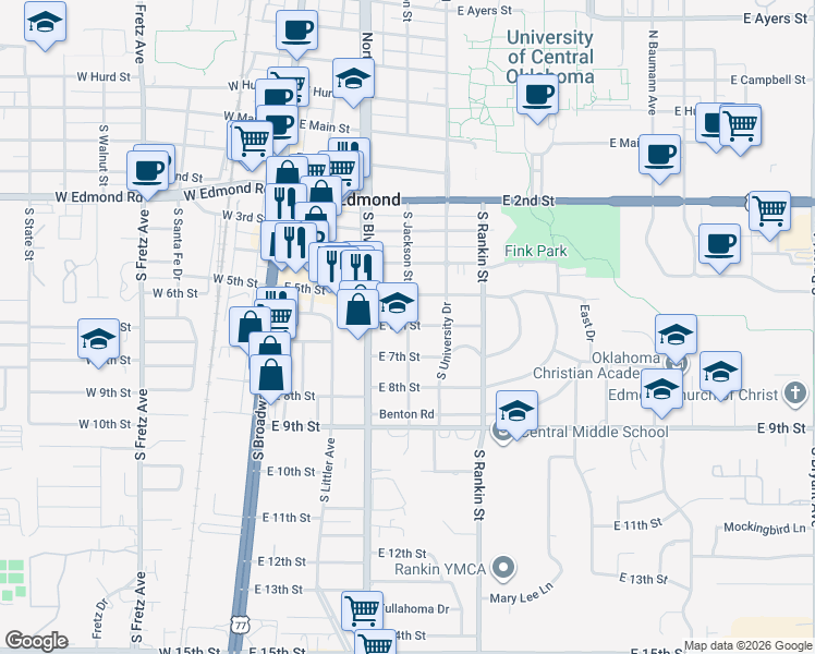 map of restaurants, bars, coffee shops, grocery stores, and more near 601 South Jackson Street in Edmond