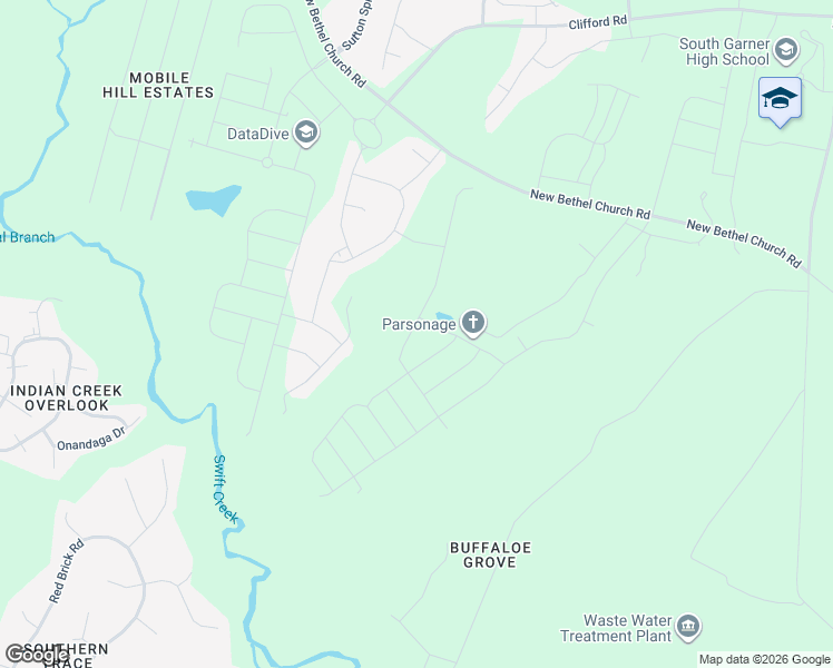 map of restaurants, bars, coffee shops, grocery stores, and more near 1900 New Bethel Church Road in Garner
