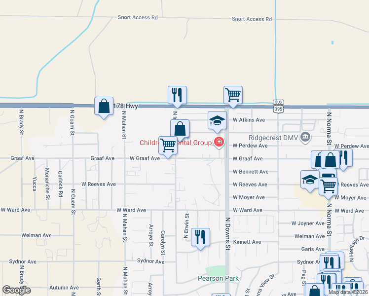 map of restaurants, bars, coffee shops, grocery stores, and more near 1025 West Perdew Avenue in Ridgecrest