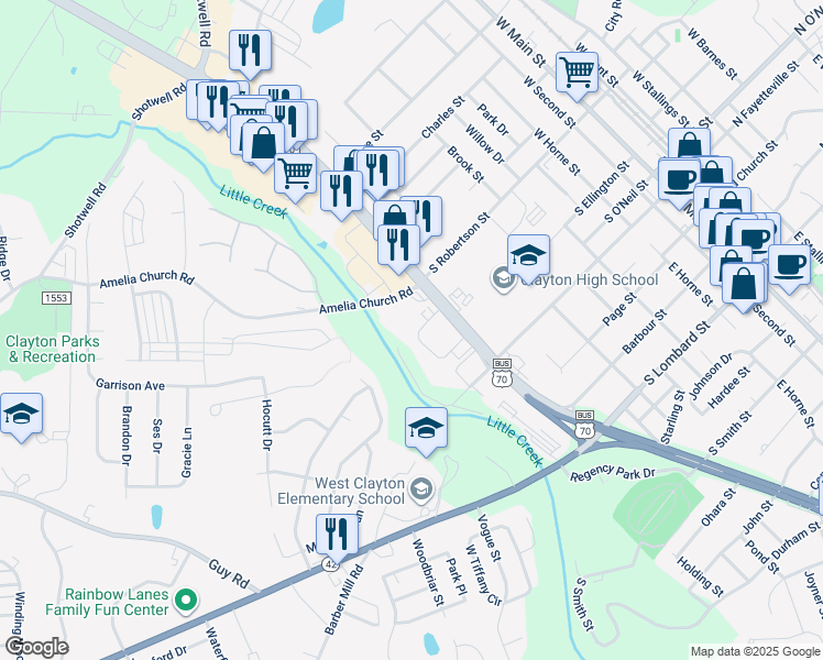 map of restaurants, bars, coffee shops, grocery stores, and more near 640 Greenwood Drive in Clayton