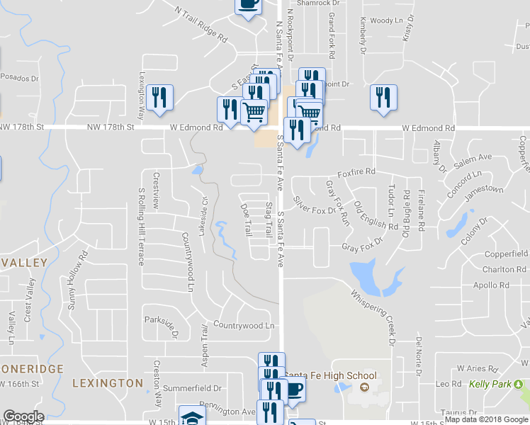 map of restaurants, bars, coffee shops, grocery stores, and more near 2321 Big Horn in Edmond