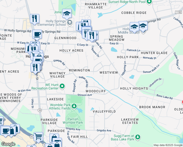 map of restaurants, bars, coffee shops, grocery stores, and more near 108 Peakhill Road in Holly Springs