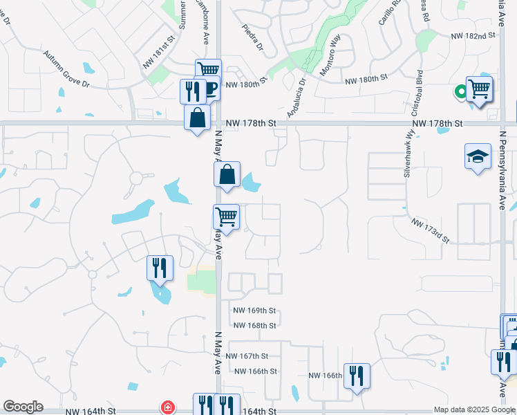 map of restaurants, bars, coffee shops, grocery stores, and more near 17325 Woodvine Drive in Edmond