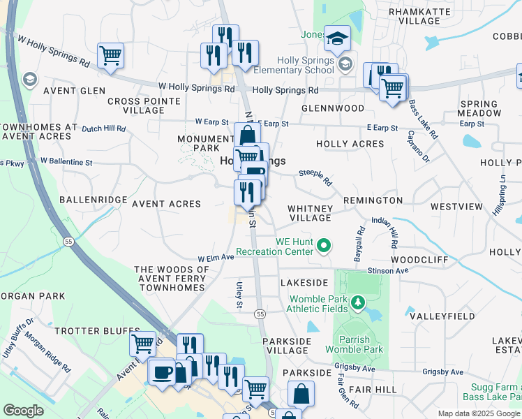 map of restaurants, bars, coffee shops, grocery stores, and more near 501 Raleigh Street in Fuquay-Varina