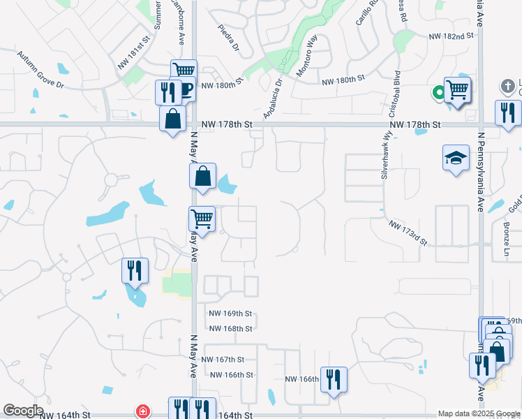 map of restaurants, bars, coffee shops, grocery stores, and more near 17328 Hardwood Place in Edmond