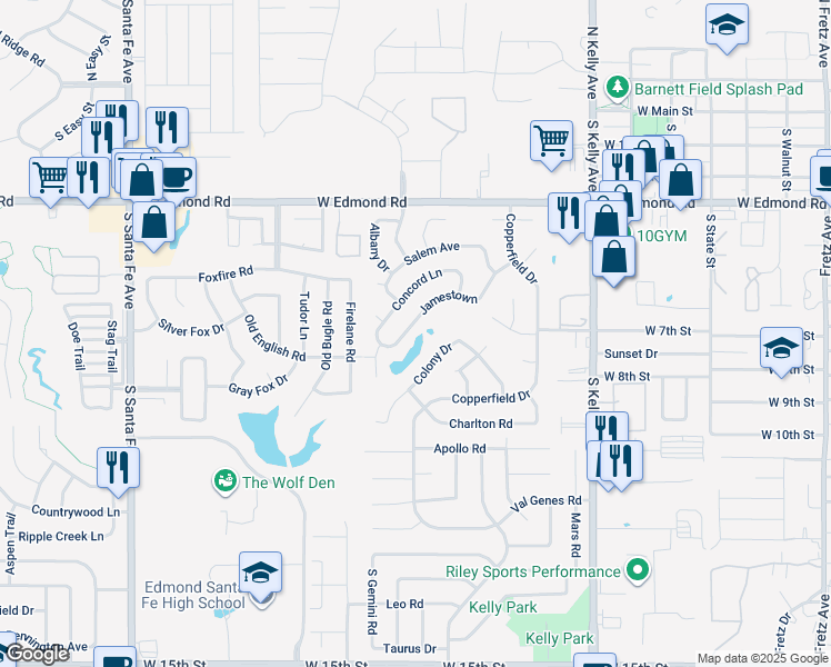 map of restaurants, bars, coffee shops, grocery stores, and more near 1416 Jamestown in Edmond