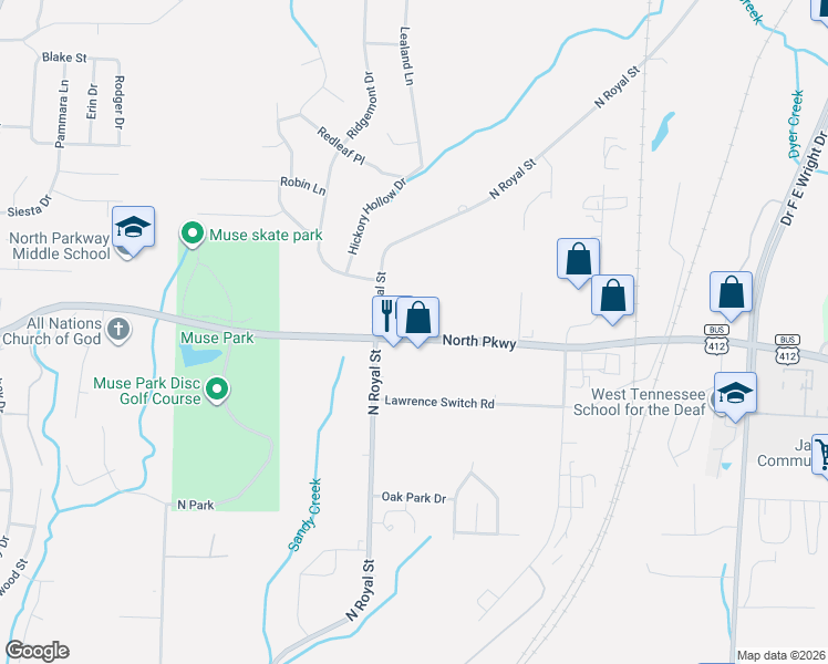 map of restaurants, bars, coffee shops, grocery stores, and more near 1605 North Parkway in Jackson