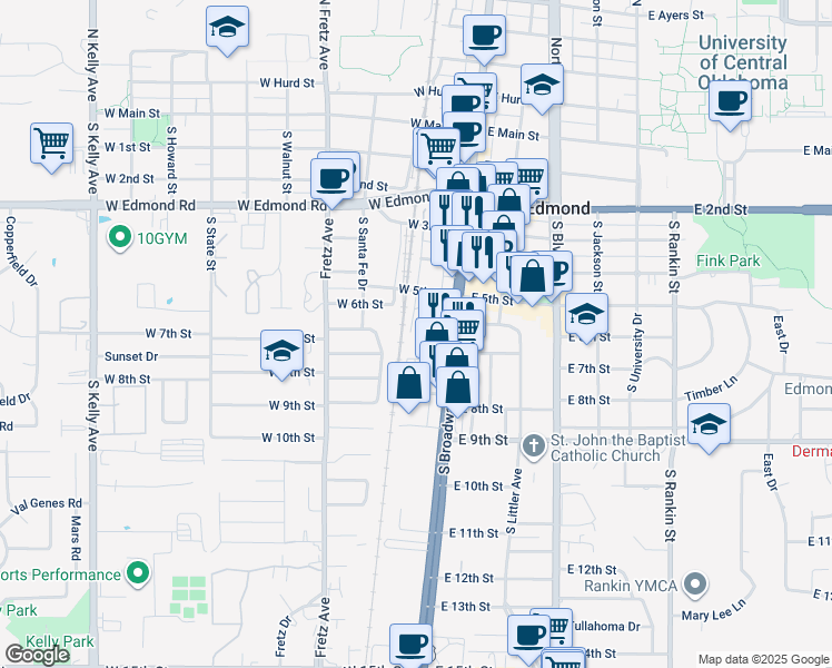 map of restaurants, bars, coffee shops, grocery stores, and more near 30 West 6th Street in Edmond