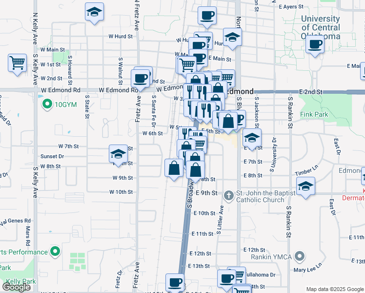 map of restaurants, bars, coffee shops, grocery stores, and more near 30 West 6th Street in Edmond