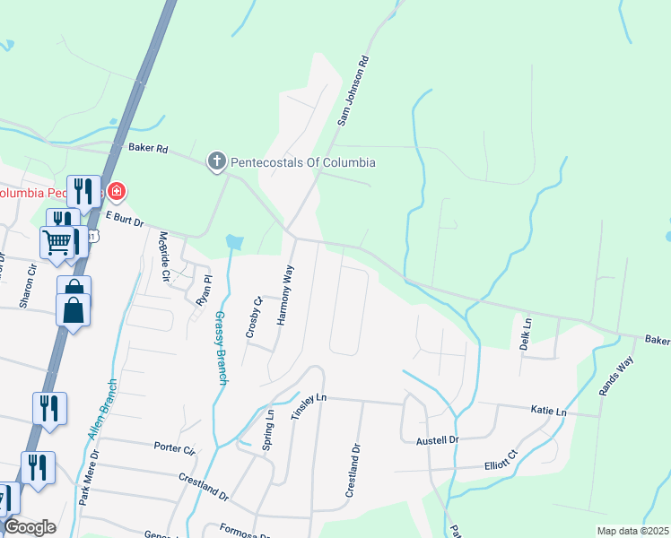 map of restaurants, bars, coffee shops, grocery stores, and more near 1008 Pretender Way in Columbia