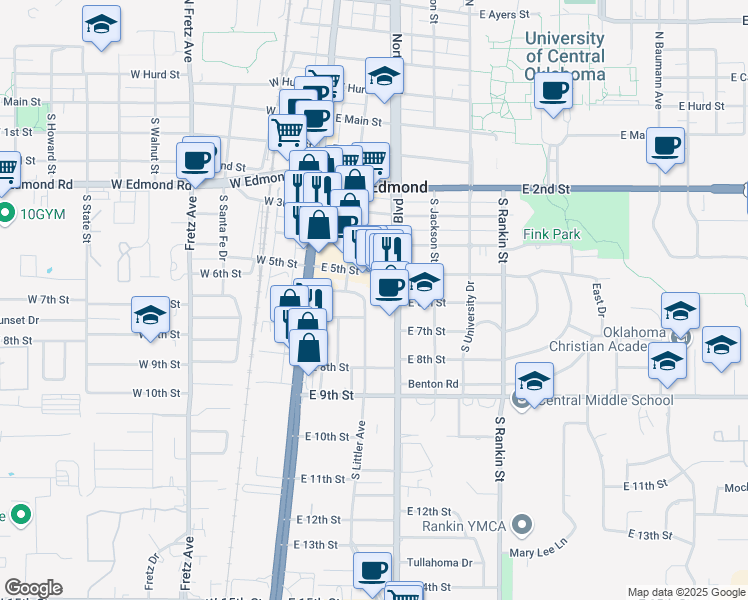 map of restaurants, bars, coffee shops, grocery stores, and more near 602 South Littler Avenue in Edmond