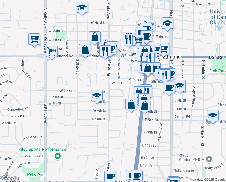 map of restaurants, bars, coffee shops, grocery stores, and more near 224 West 7th Street in Edmond