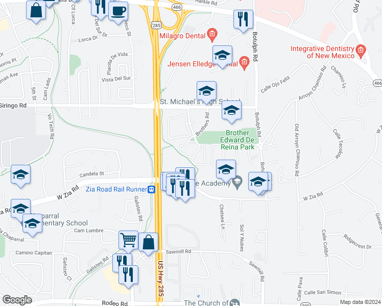 map of restaurants, bars, coffee shops, grocery stores, and more near 2218 Miguel Chavez Road in Santa Fe