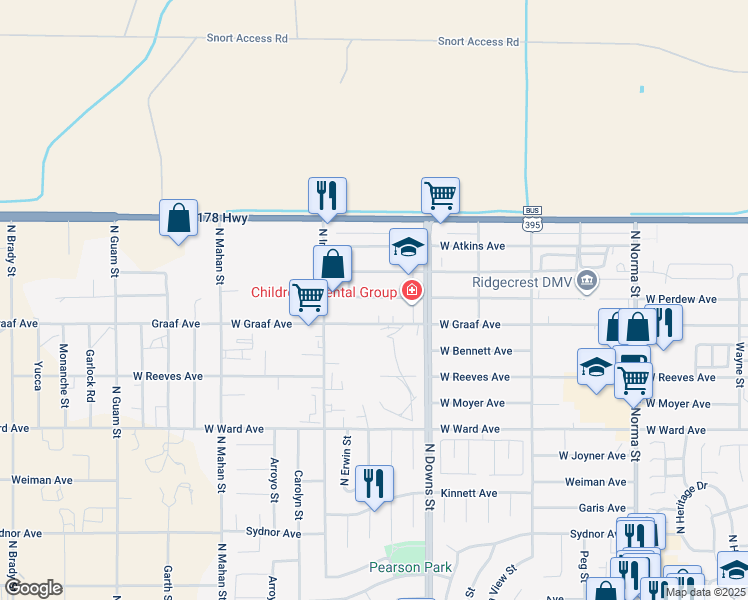 map of restaurants, bars, coffee shops, grocery stores, and more near 1000 West Perdew Avenue in Ridgecrest