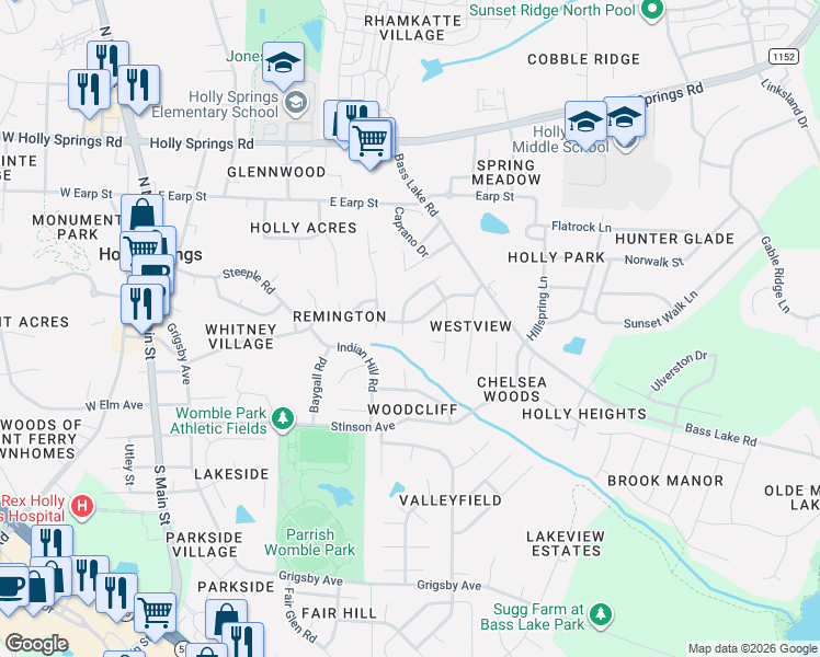 map of restaurants, bars, coffee shops, grocery stores, and more near 109 Peakhill Road in Holly Springs