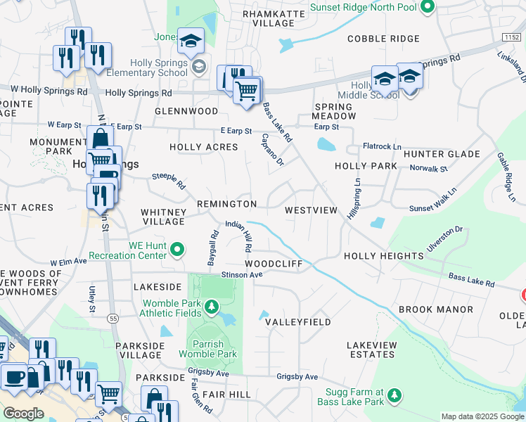 map of restaurants, bars, coffee shops, grocery stores, and more near 108 Peakhill Road in Holly Springs